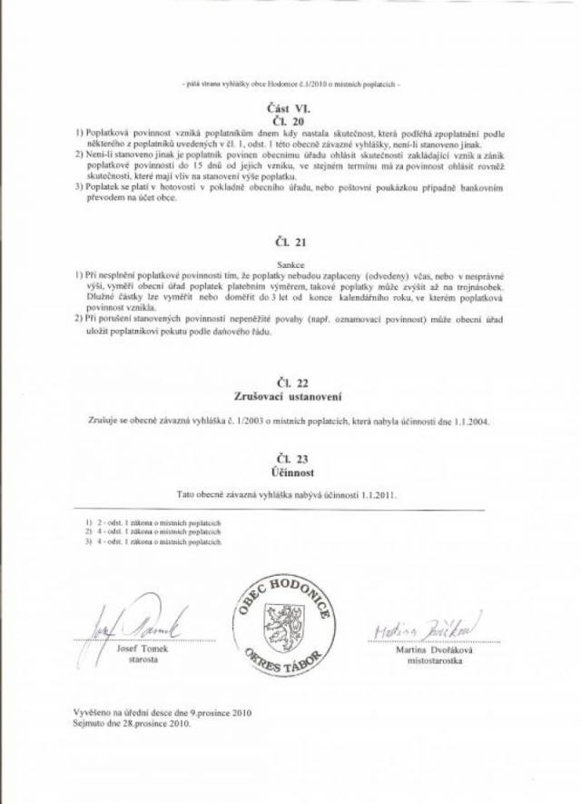 Obecně závazná vyhláška č. 1/2010 o místních poplatcích